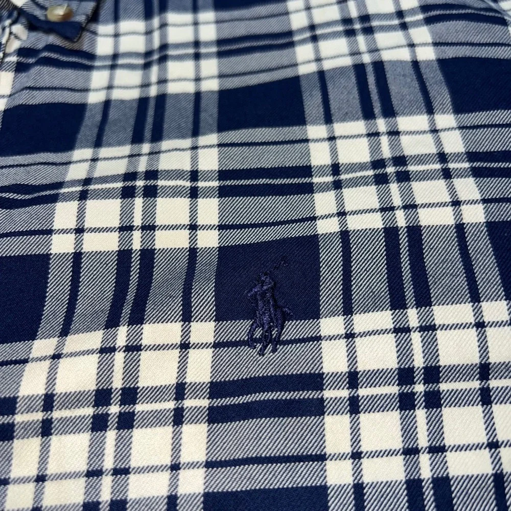 Pony Polo Ralph Lauren Mens Large Navy White Plaid Cotton Button Down Shirt Sz L